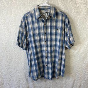 Amati 100% Silk Short Sleeve Plaid Shirt SZ L Blue